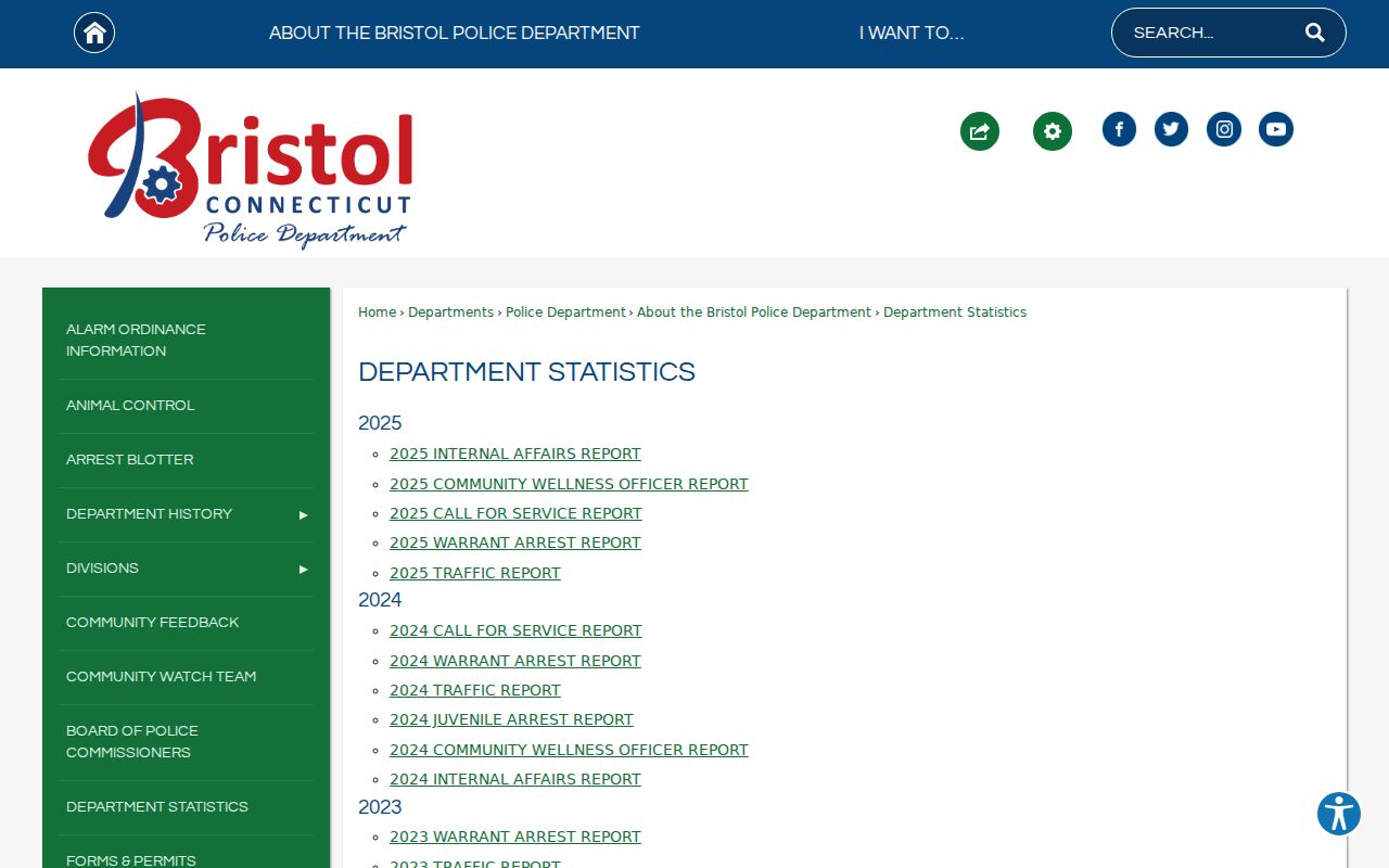 Bristol Police Department Statistics page with warrant arrest reports