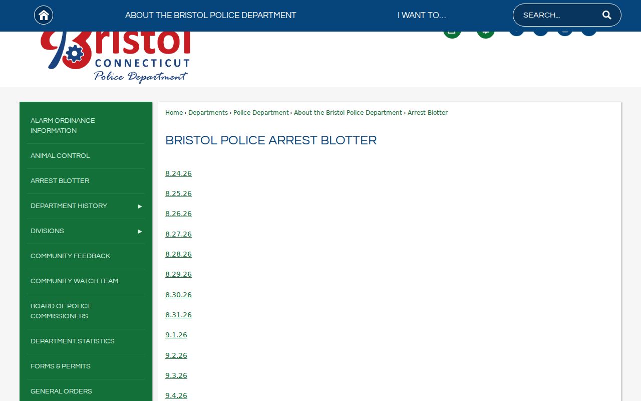 Bristol Police arrest blotter navigation without named entries