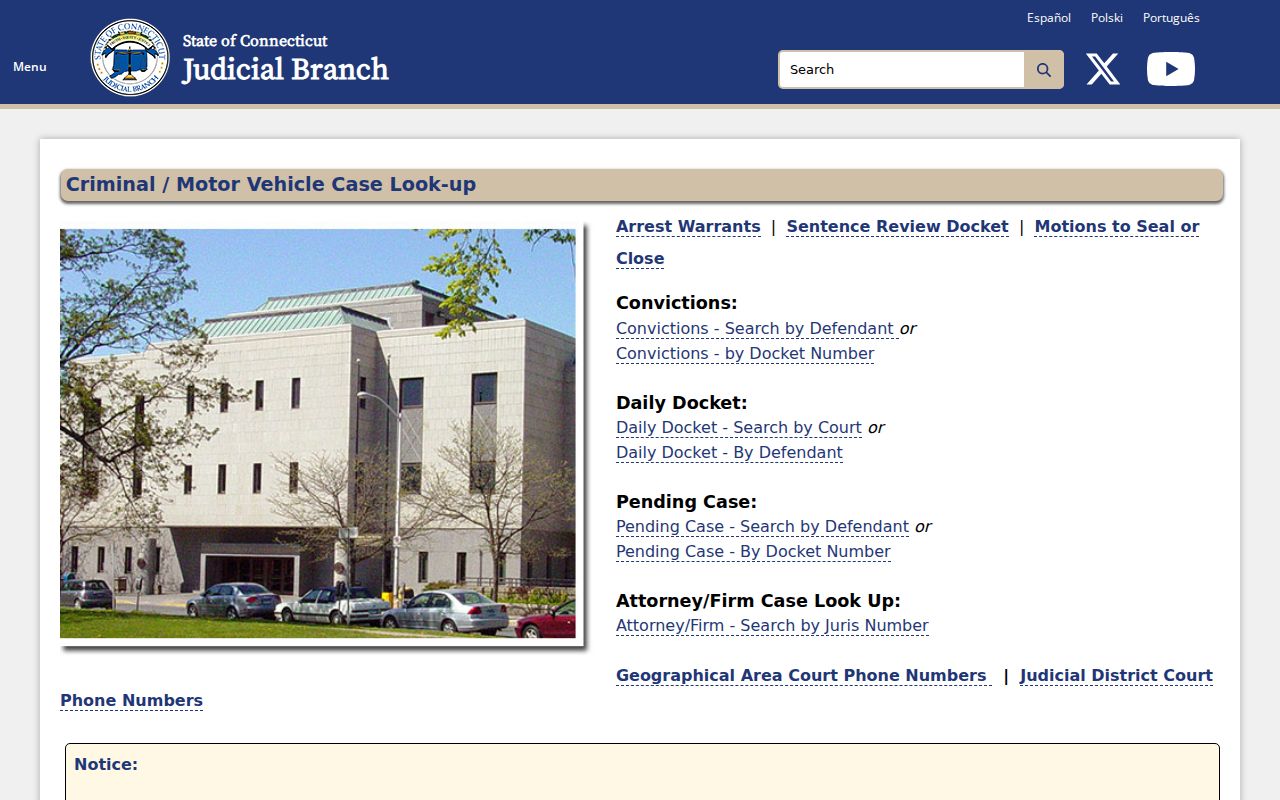 Connecticut Judicial Branch criminal and motor vehicle case lookup page