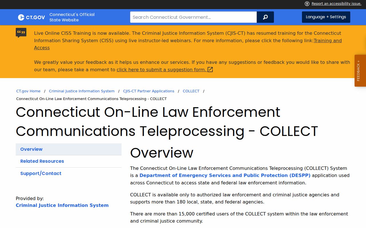 Connecticut COLLECT criminal justice system information page