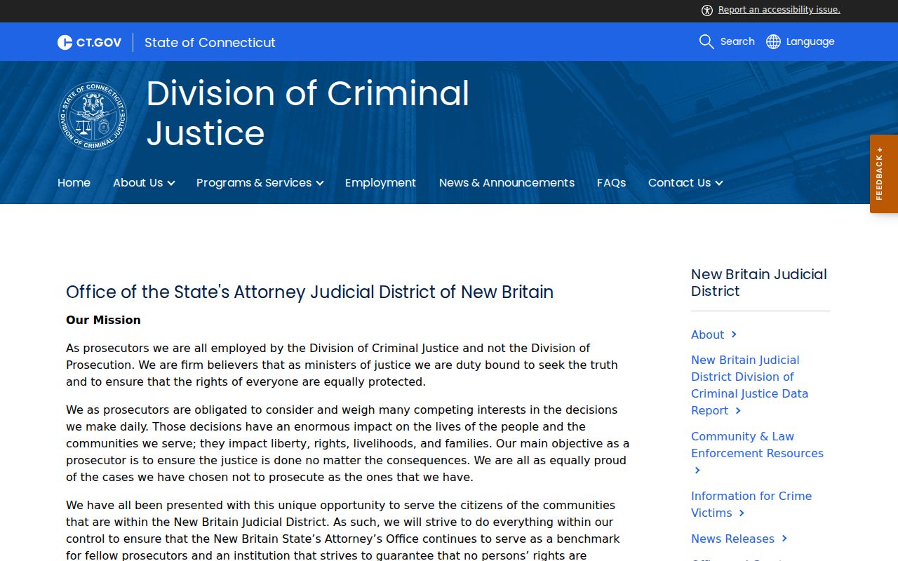 New Britain Judicial District State's Attorney office page