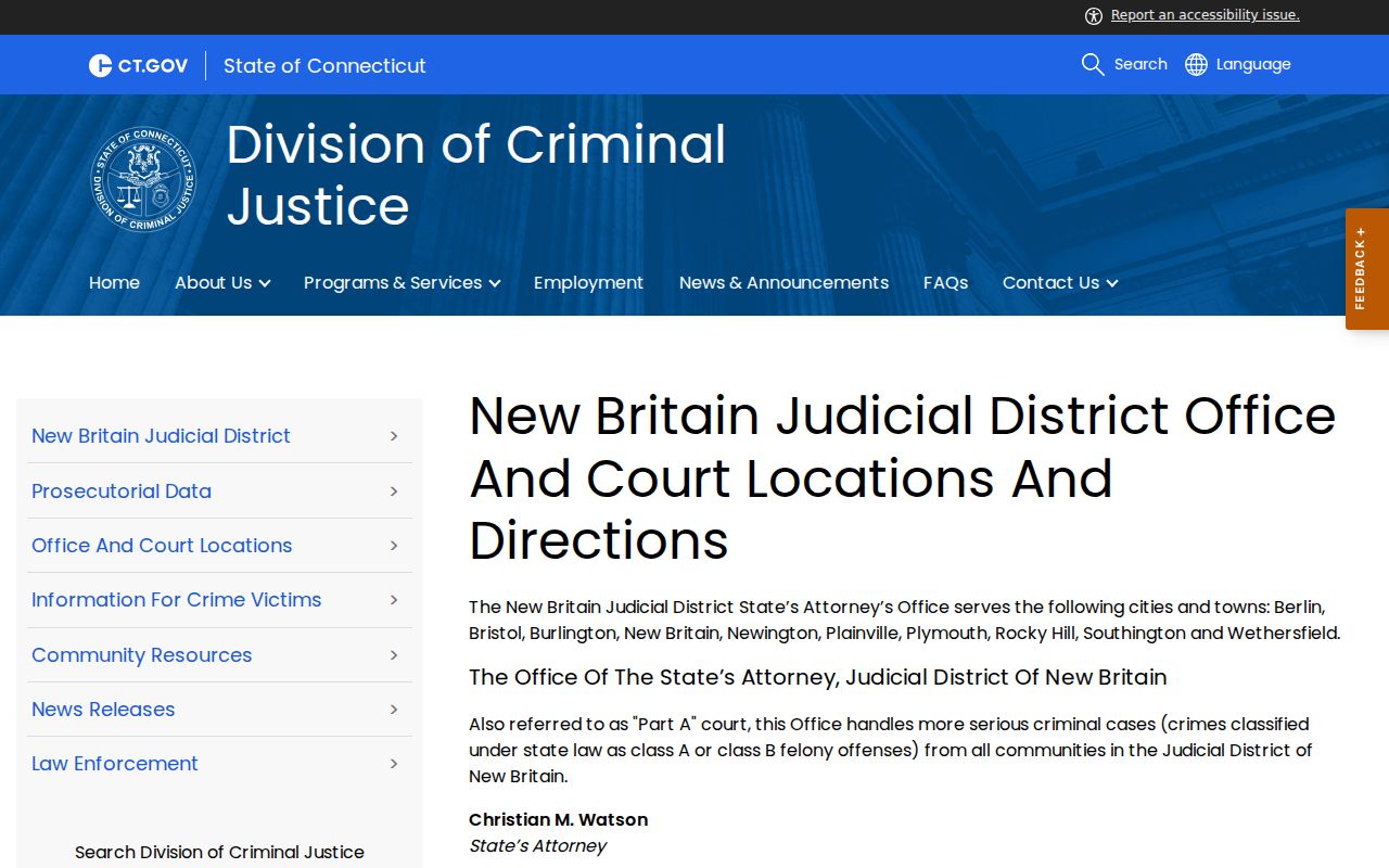 New Britain State's Attorney court locations showing GA 15 coverage