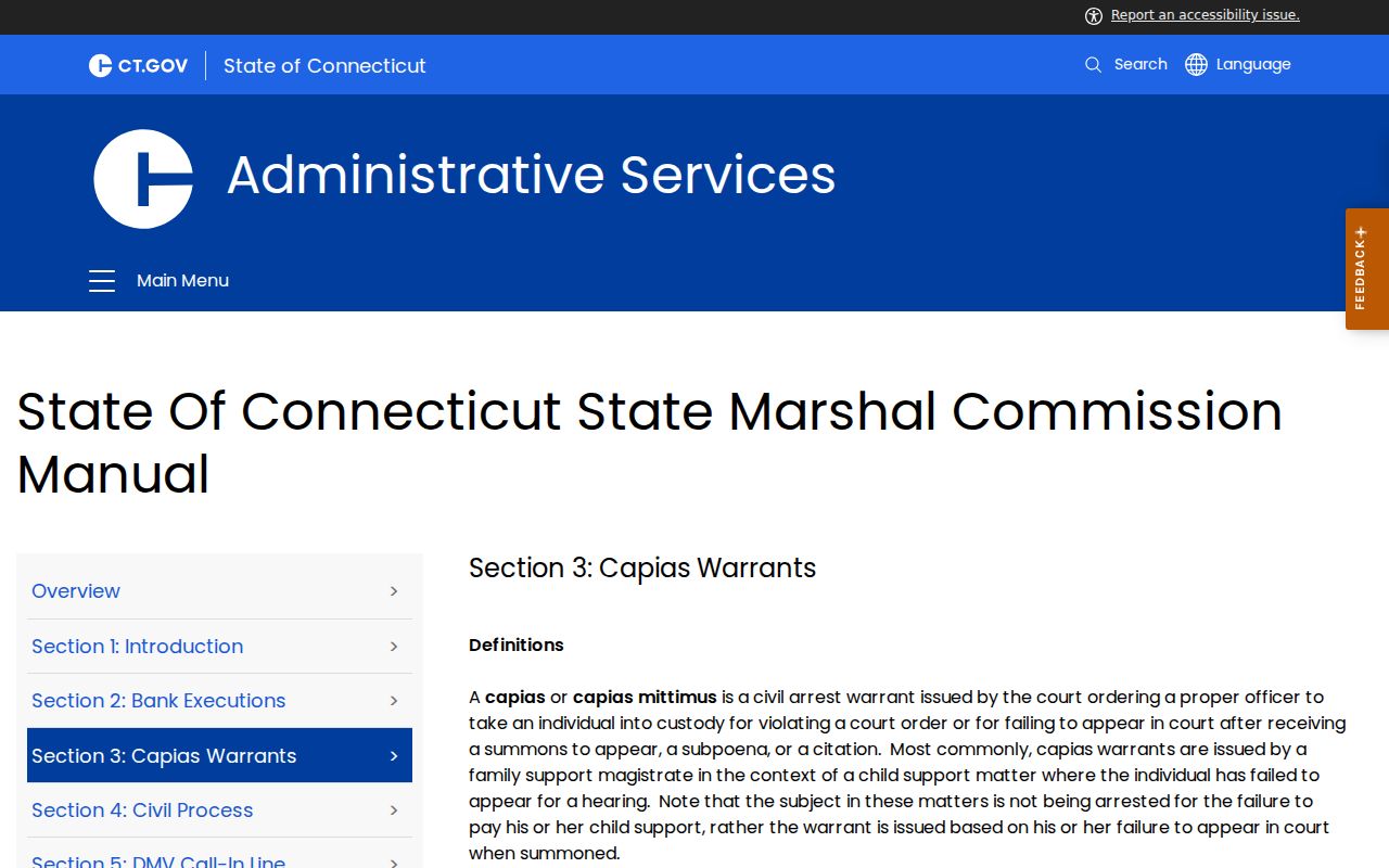 Connecticut State Marshal Commission civil capias guidance