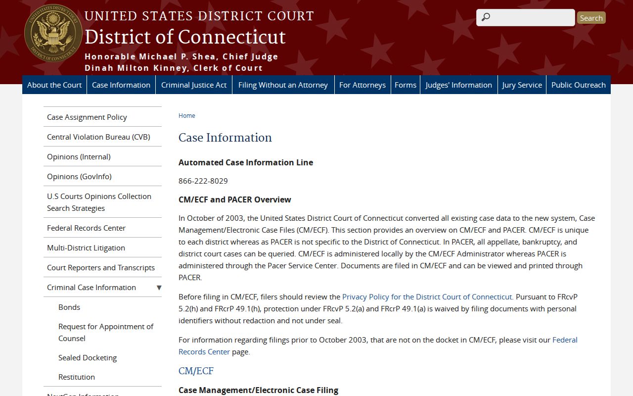 District of Connecticut federal PACER and CM ECF access page