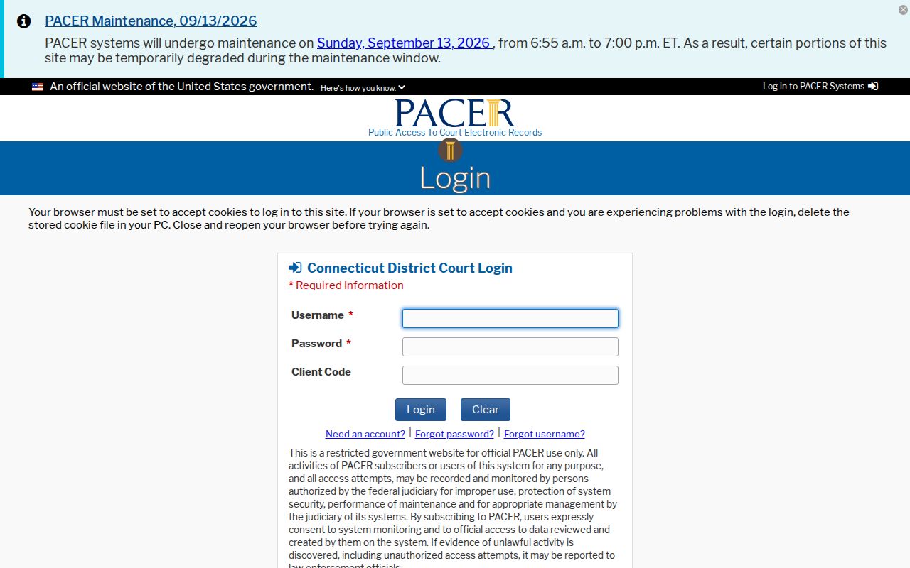 District of Connecticut PACER login and redaction notice