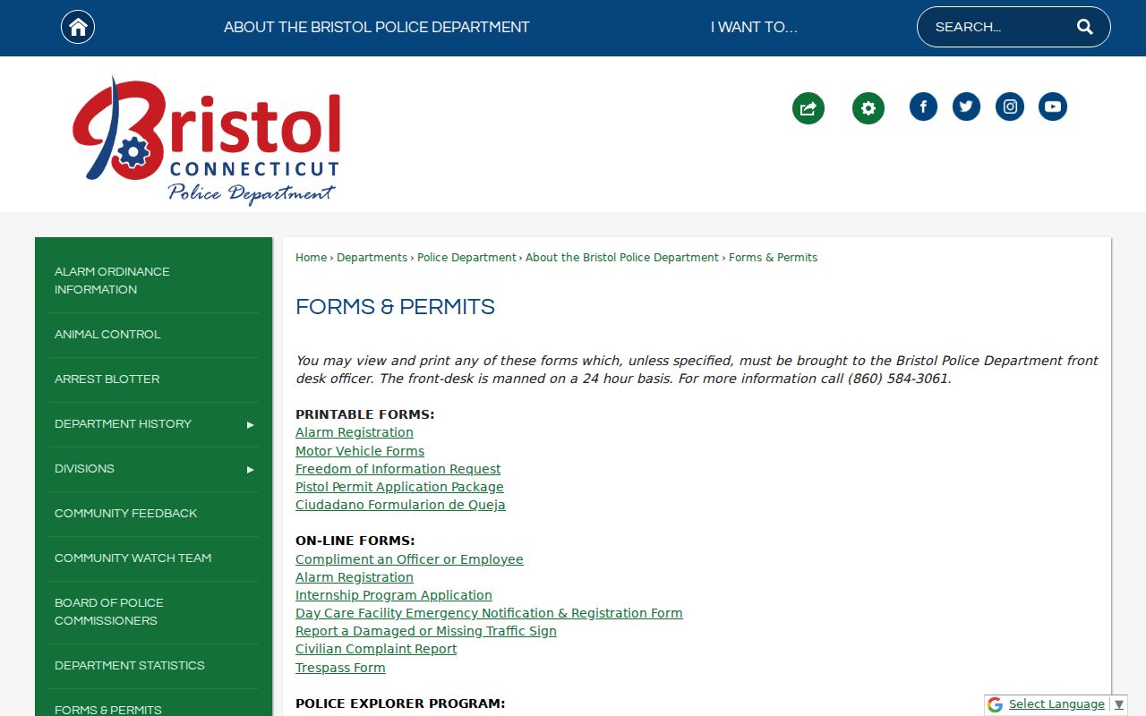 Bristol Police forms and permits page with front desk information