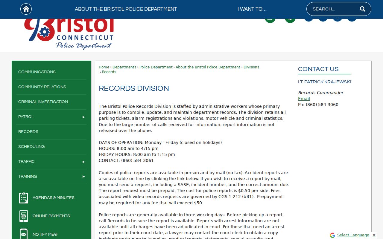 Bristol Police Records Division access hours fees and limits